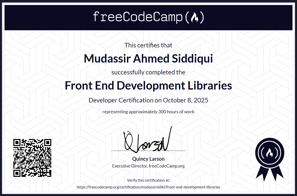 FreeCodeCamp Frontend Development Libraries Certificate