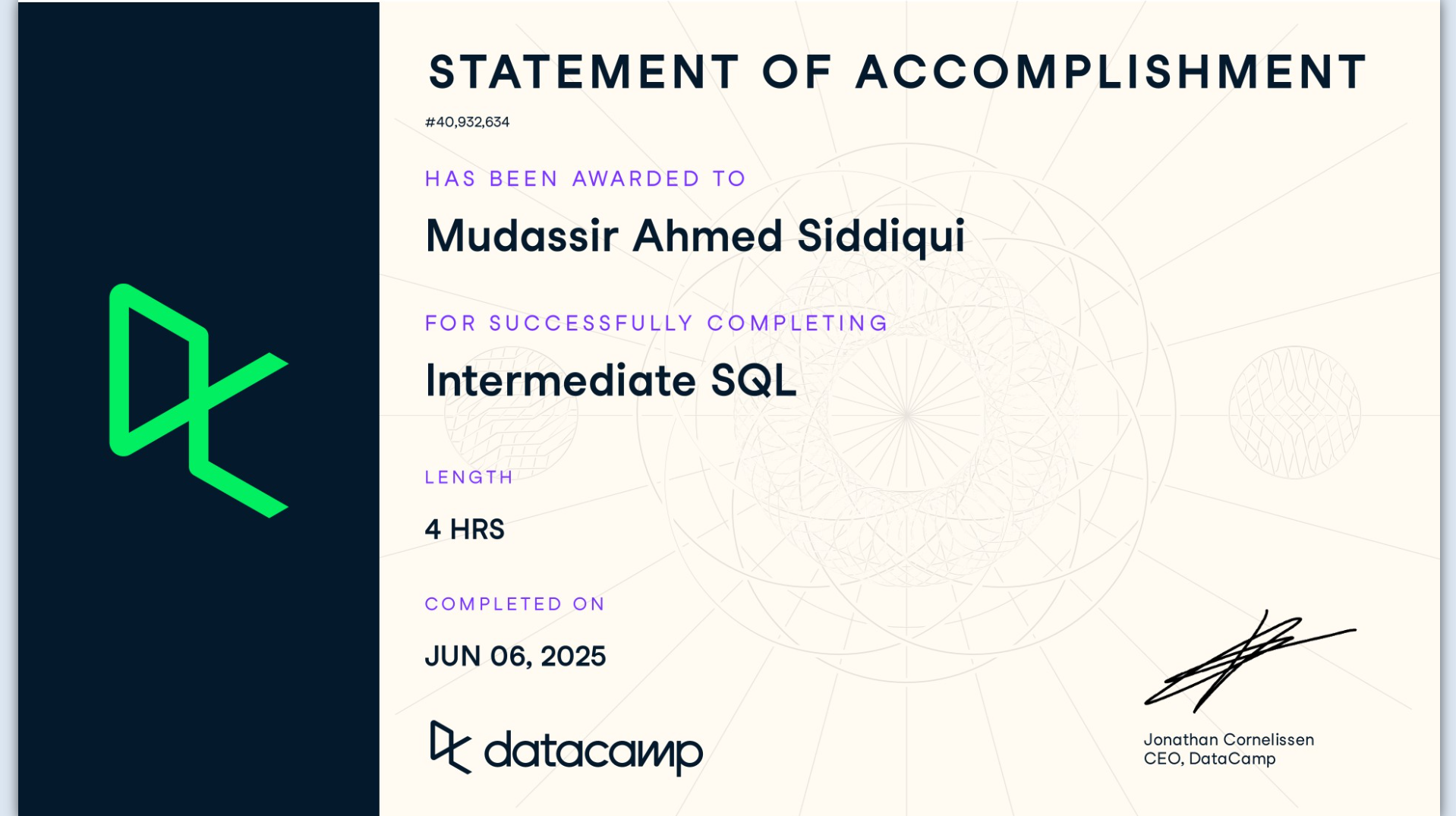 DataCamp Intermediate SQL Certificate