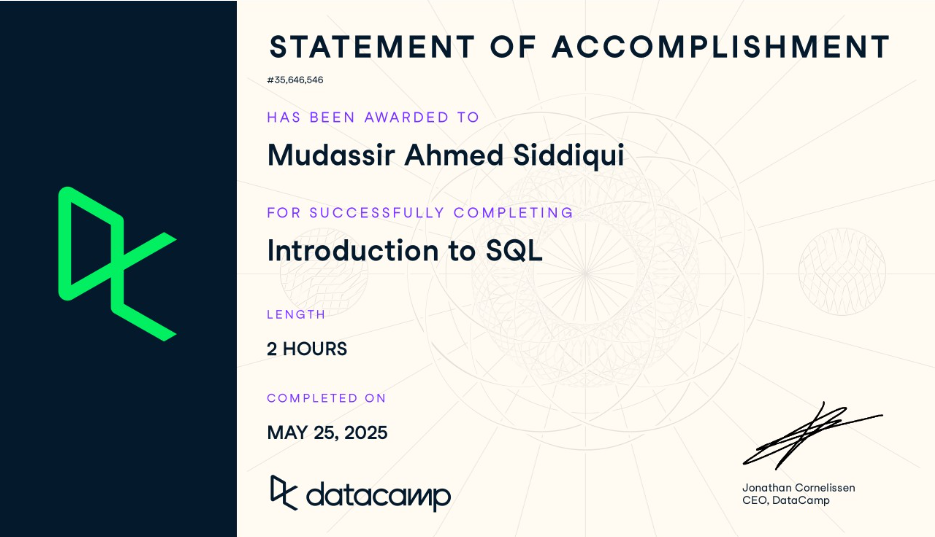 DataCamp Introduction to SQL Certificate
