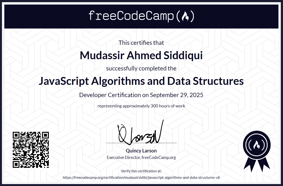 FreeCodeCamp JavaScript Algorithms and Data Structures Certificate